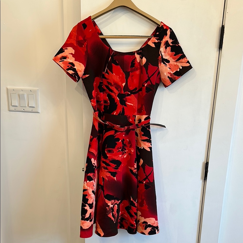 Red Scoop Neck Fit and Flare Midi Dress for Cocktail